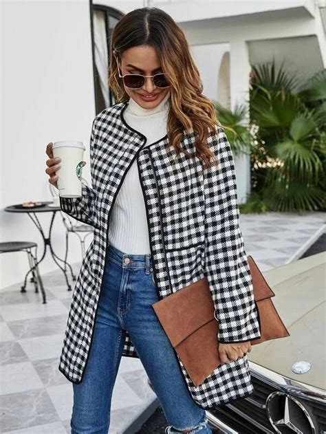 Women Plaid Print Open Front Coat Agodeal Classy Winter Outfits