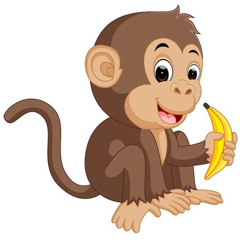 Macaco Bonito Dos Desenhos Animados Comendo Banana Vetor Premium