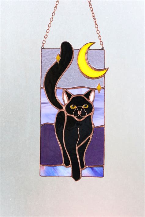 Suncatcher Black Cat Under The Moon Gothic Stained Glass Etsy