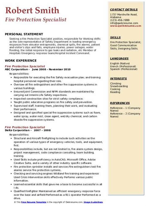 Fire Protection Specialist Resume Samples Qwikresume