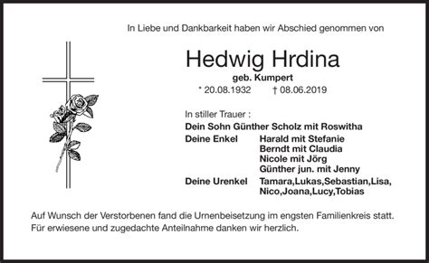 Traueranzeigen Von Hedwig Hrdina Nordbayerischer Kurier