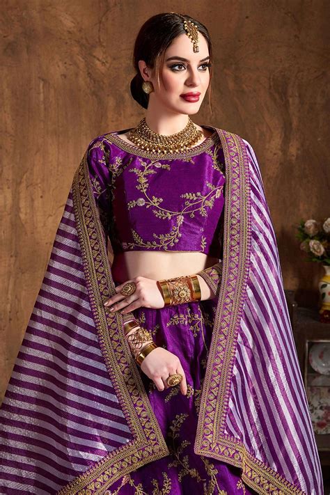 Buy Purple Zari Embroidered Lehenga In Silk With Lehriya Dupatta Online