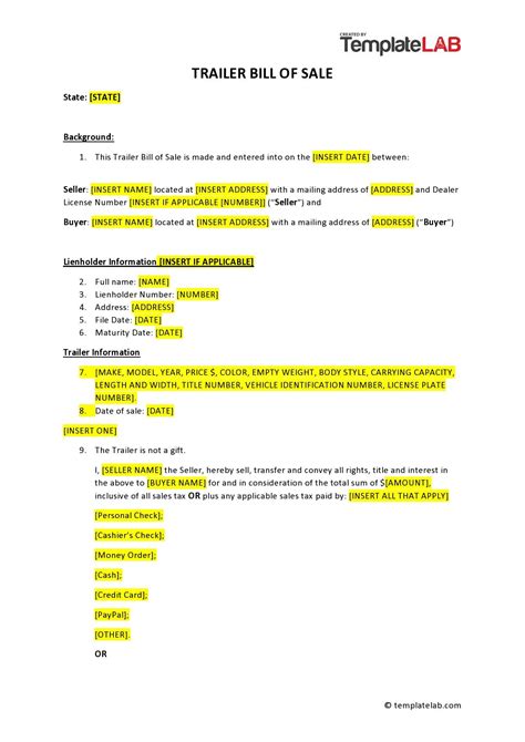 Printable Trailer Bill Of Sale Templates Word Templatelab