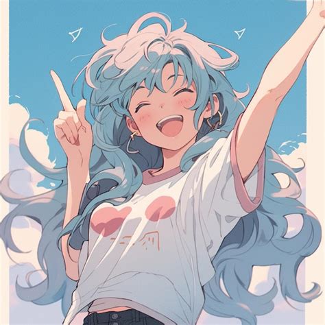 Premium Photo | Anime girl with blue hair and white shirt holding up ...