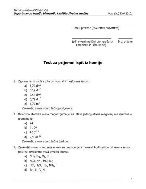 Test Za Prijemni Ispit Iz Hemije Prirodno Matematički Fakultet U