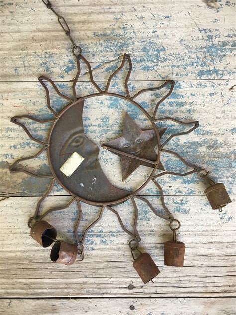 Vintage Celestial Wind Chime Rusty Metal Cow Bells Sun And Moon Stars