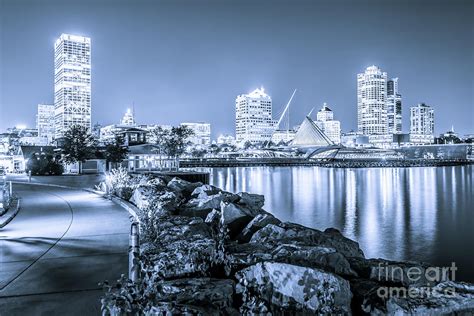 Blue Milwaukee Skyline at Night Picture Photograph by Paul Velgos - Pixels