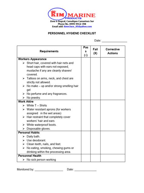 Personnel Hygiene Checklist | PDF