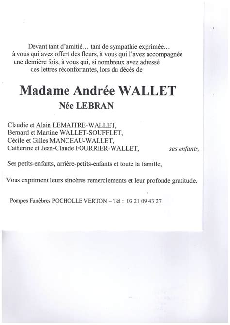 Avis de décès Remerciement Andrée WALLET née LEBRAN