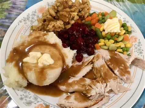 Homemade Turkey Dressing Mashed Potatoes Mixed Veggies Gravy And