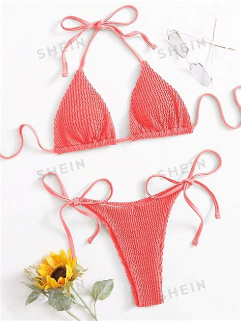 SHEIN Swim Conjunto De Bikini Con Textura De Color Liso Año Nuevo