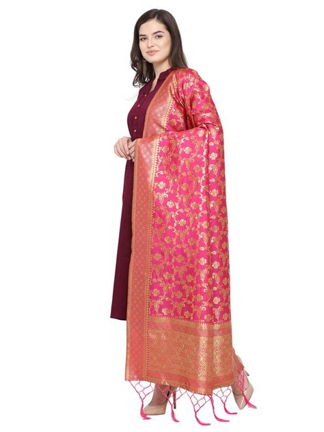 Peach Pink Poly Silk Banarasi Womens Dupatta Satrani Fashion 3126674