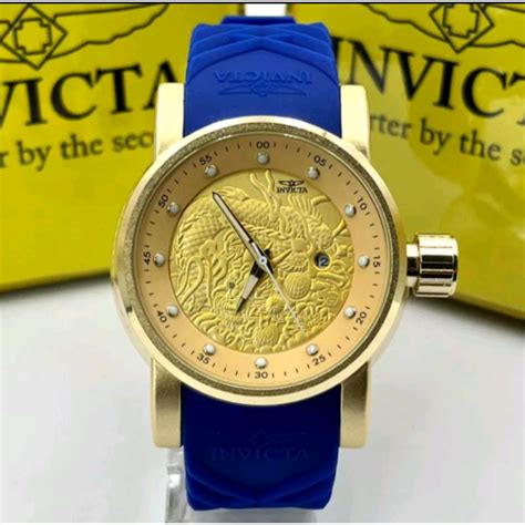 Rel Gio Invicta Yakuza Azul Masculino Dourado Luxo Silicone Shopee Brasil