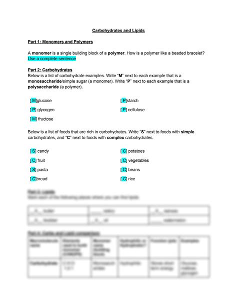 Solution Carbohydrates And Lipids Worksheet Answer Key Studypool