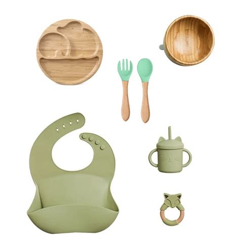 Kit Introdu O Alimentar Alimenta O Silicone E Bambu C Ventosa Verde