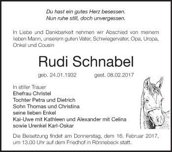 Traueranzeigen Von Rudi Schnabel M Rkische Onlinezeitung Trauerportal