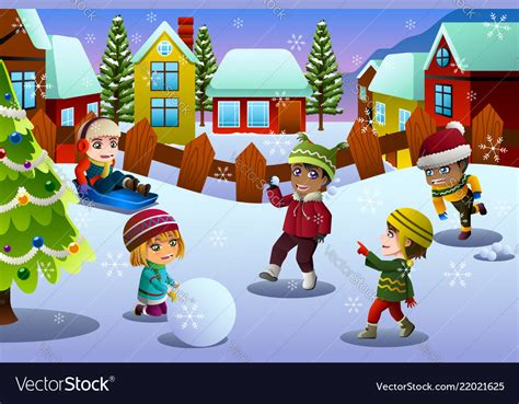 Kids playing in the snow during winter season Vector Image