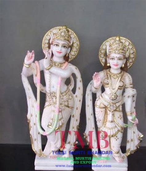 Painted Hindu White Marble Radha Krishna Statue For Worship Size 12