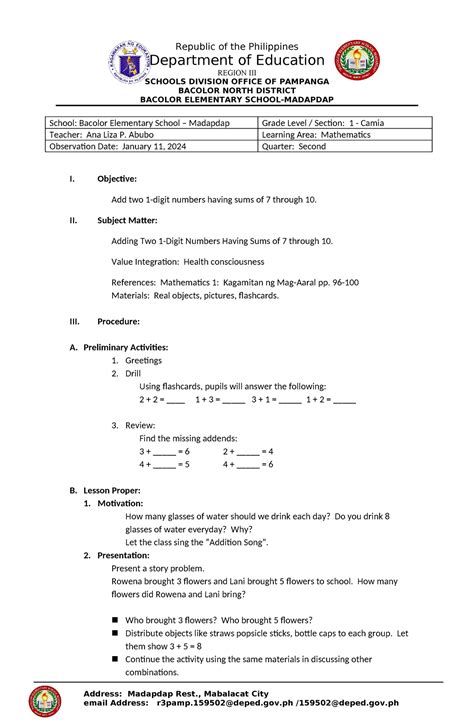 Lesson Plan Math 1 Cot2 Republic Of The Philippines Department Of Education Region Iii Schools