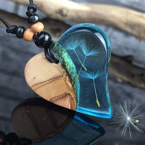 Heart Resin Wood Necklace Dandelion Blue Turquoise Herz Harz Etsy