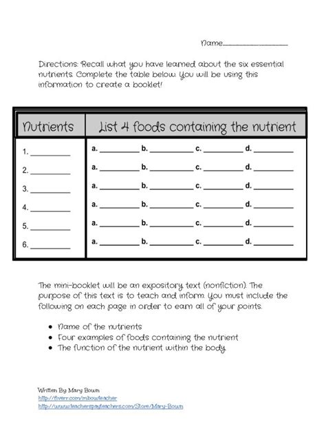 6 Essential Nutrients Worksheets