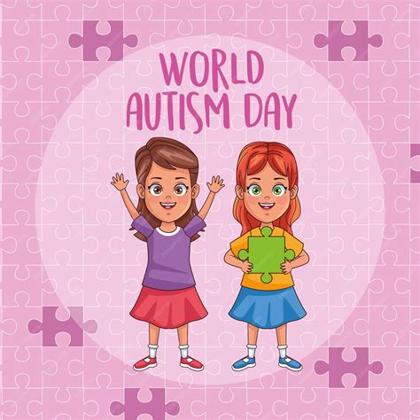 Premium Vector World Autism Day Girls With Puzzle Pieces Vector