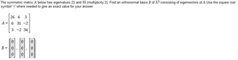 Solved The symmetric matrix A below has eigenvalues 21 and | Chegg.com