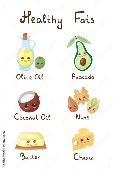 Healthy Fats Infographic With Kawaii Vector Characters Cute Funny And Happy Olive Oil Coconut