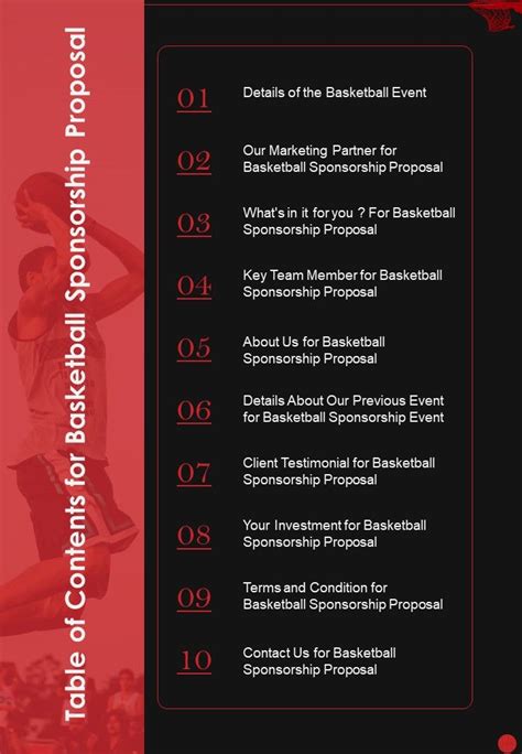 Table Of Contents For Basketball Sponsorship Proposal One Pager Sample