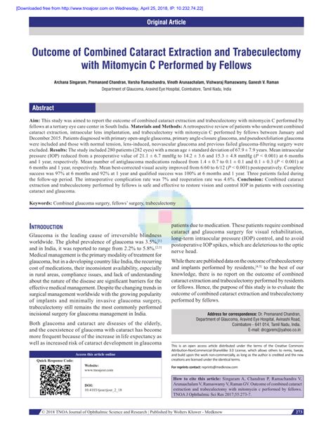 Pdf Outcome Of Combined Cataract Extraction And Trabeculectomy With