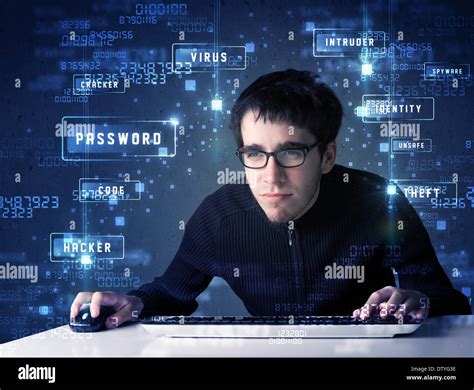 Hacker Programing In Technology Enviroment With Cyber Icons Stock Photo