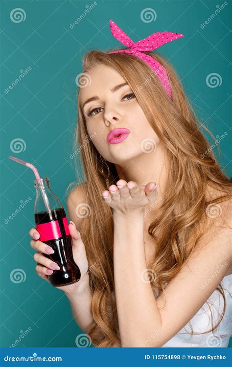 Blond Woman Holding Glass Bottle With Soda Stock Photo Image Of