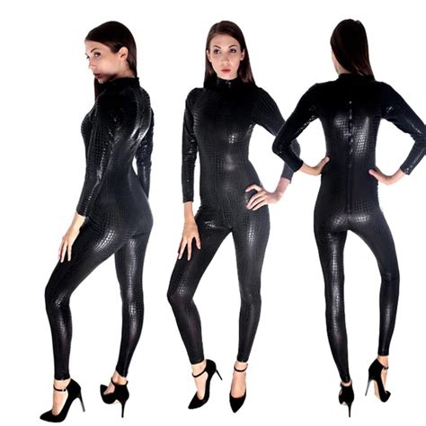 Plus Size Good Quality Faux Leather Catsuit Lingerie Black Gold Silver Wetlook High Neck