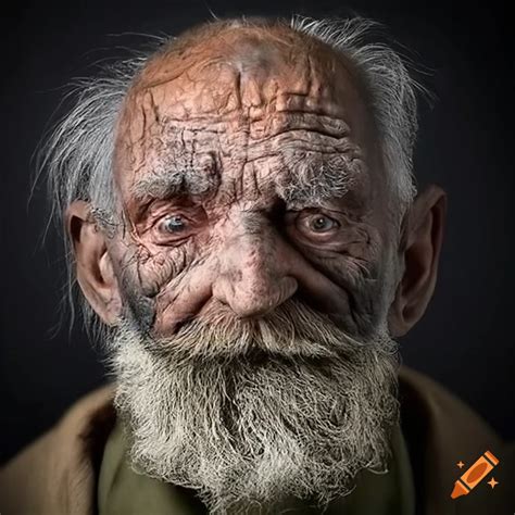 A Hyper Realistic Photo Of An Old Man Whose Face Is Filthy Covered In