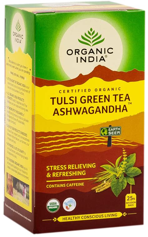 Organic India Tulsi Green Tea Ashwagandha 25 Tea Bags Onelifehealth