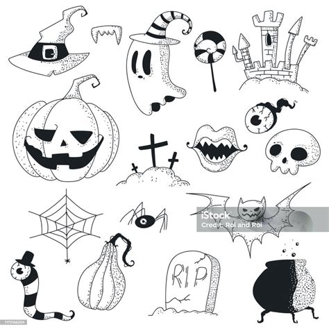 Halloween Doodles Vector Sketch Icons Set Isolated On A White Background Stock Illustration