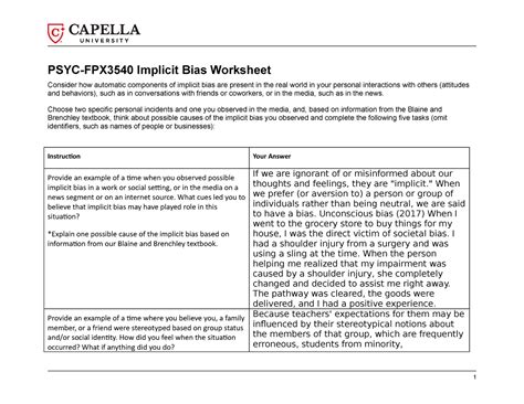 Cf PSYC3540 Implicit Bias Worksheet PSYC FPX3540 Implicit Bias