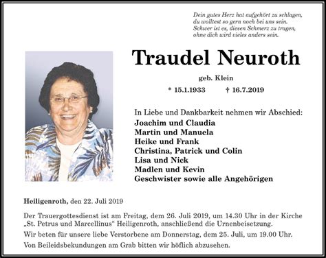 Traueranzeigen Von Traudel Neuroth Rz Trauer De