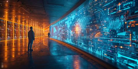 Futuristic Data Center With People Observing Large Digital Displays And