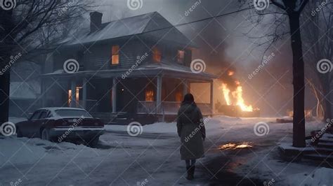 Ai Generated Illustration Of A Person Standing Outside A Burning House