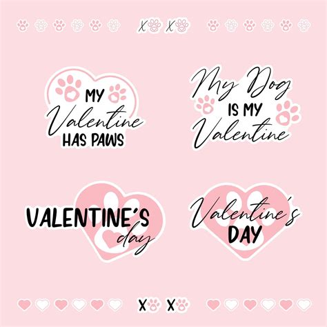 Set of Dog Valentine stickers with white offset. Xoxo with paws and