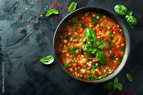 Minestrone Soup On A Black Background Top View Italian Cuisine Concept