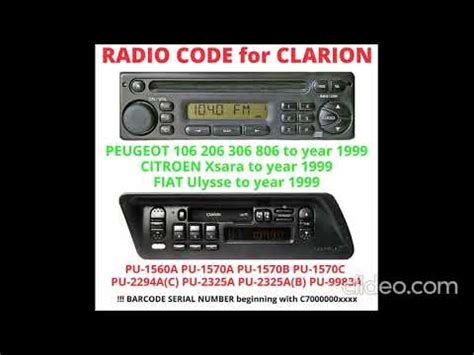 RADIO CODE CLARION PEUGEOT 106 206 306 CITROEN Xsara FIAT Ulysse ONLY