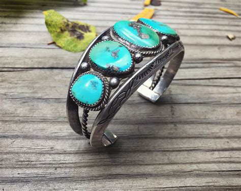 Navajo Blue Gem Turquoise Cuff Bracelet Circa S Five Stone Vintage