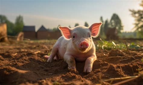 Cute Little Piglet on a Farm at Sunset. Concept of Agriculture and Farming Stock Photo - Image ...