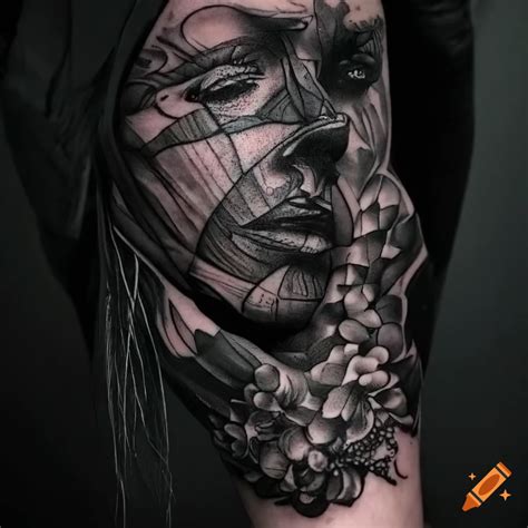 Unique Dotwork Style Black Sculpture Tattoo Idea