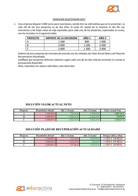 Ej Selectividad Selecci Ã³n Inversiones EJERCICIOS SELECTIVIDAD 2017