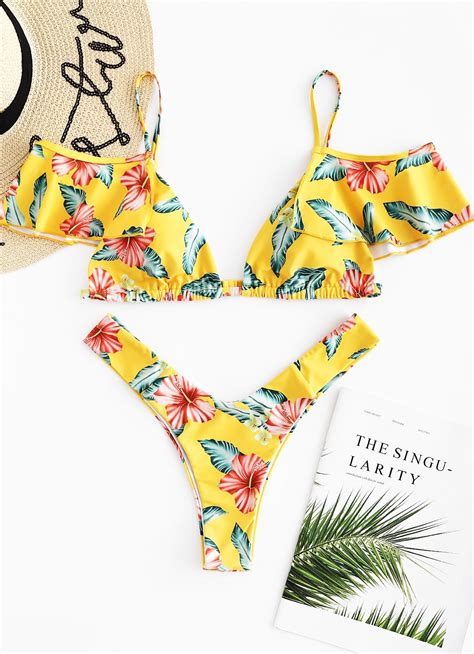 Flower Palm Flounce Bikini Set Yellow Bikinis Flounce Bikini Bikini