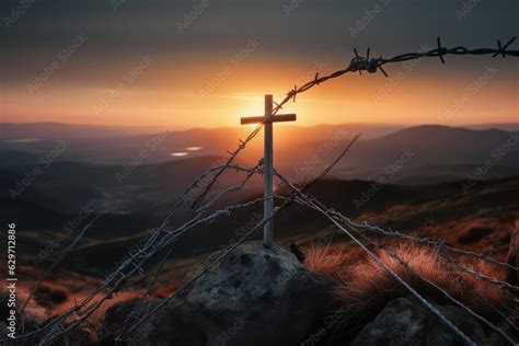 Cross Of Jesus Christ Break Barrier Wire On A Background Ai Stock