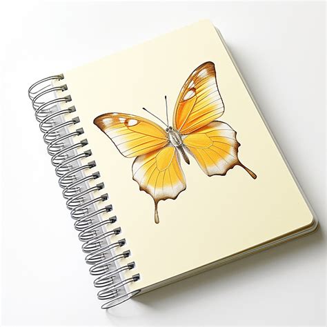 Yellow Butterfly Sitting On Top Of A Spiral Notebook Background Insect